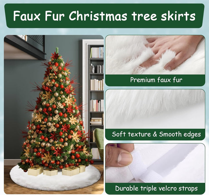 AOGU 48 Inch Faux Fur Christmas Tree Skirt White Plush Skirt for Merry Christmas Party Christmas Tree Decoration