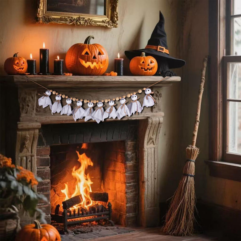 7Ft Halloween Ghost Garland with Wooden Beads