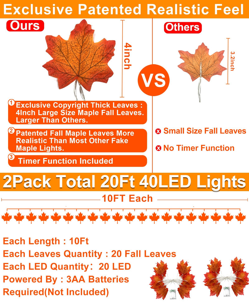 TURNMEON 2-Pack 20ft Maple Leaf LED String Lights
