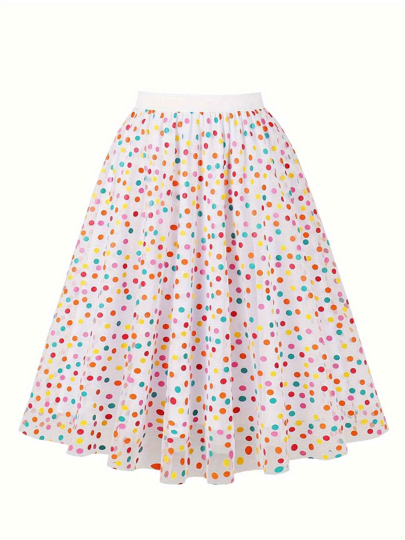 Elegant White Tulle Skirt with Colorful Polka Dot Mesh Overlay