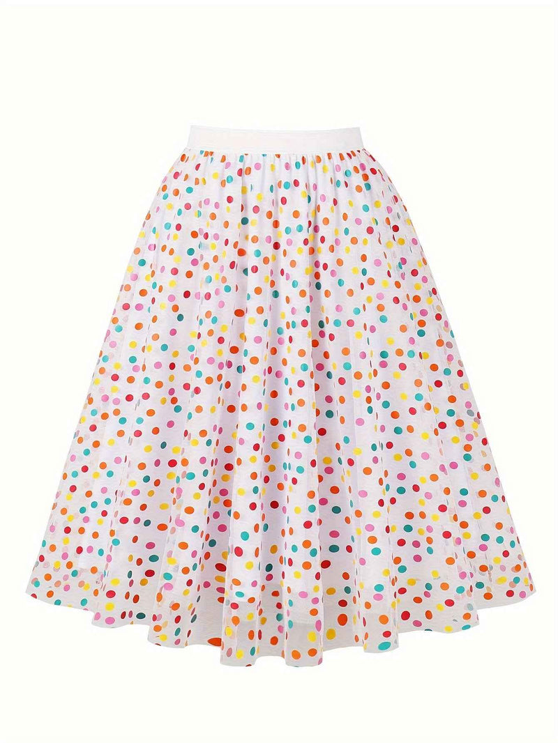 Elegant White Tulle Skirt with Colorful Polka Dot Mesh Overlay