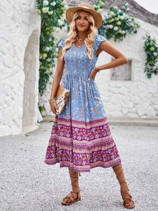 New Flowers Print V-neck Dress Summer