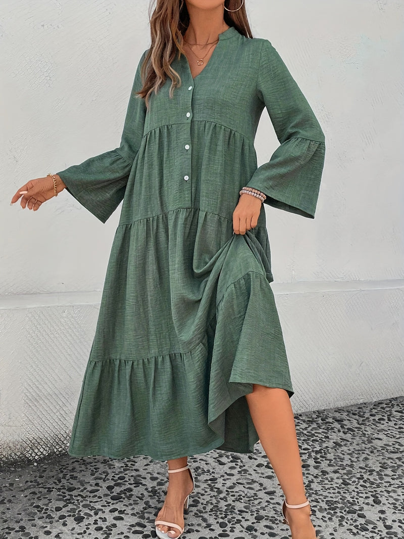 Women'S Casual V-Neck Button Detail Long Sleeve Tiered Dress