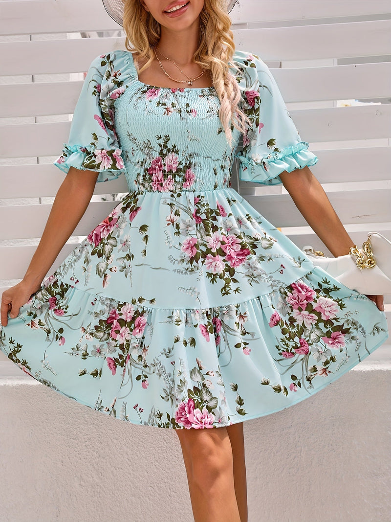 Floral Shirred Waist Square Neck Dress