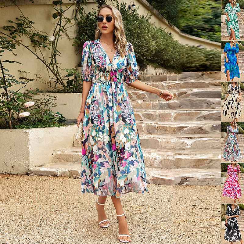 New V-neck Printed Short-sleeved Long Dress