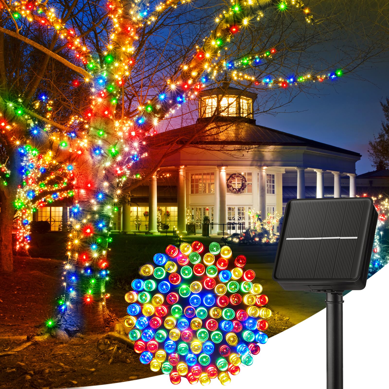 Minetom Solar String Lights Outdoor Waterproof- 40 FT 100 LED Solar Powered String Lights with 8 Lighting Modes, IP65 Waterproof Solar Christmas Lights for Outdoor Outside Tree Party Decor, Warm White
