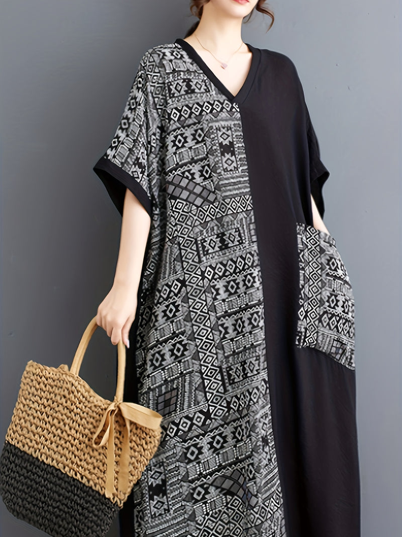 Bohemian V-Neck Plus Size Dress with Geometric Pattern and Pocket Detail,