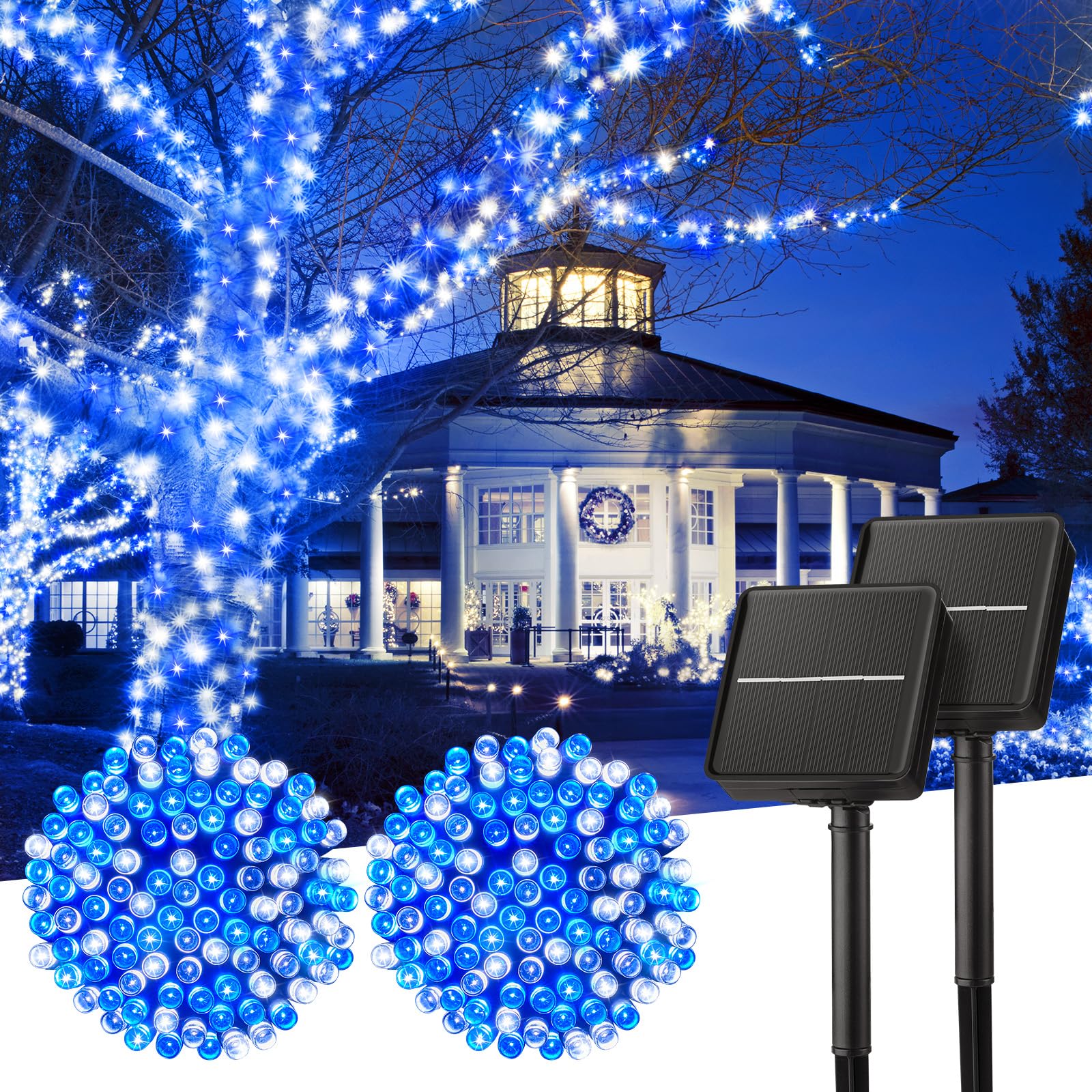 Minetom Solar String Lights Outdoor Waterproof- 40 FT 100 LED Solar Powered String Lights with 8 Lighting Modes, IP65 Waterproof Solar Christmas Lights for Outdoor Outside Tree Party Decor, Warm White