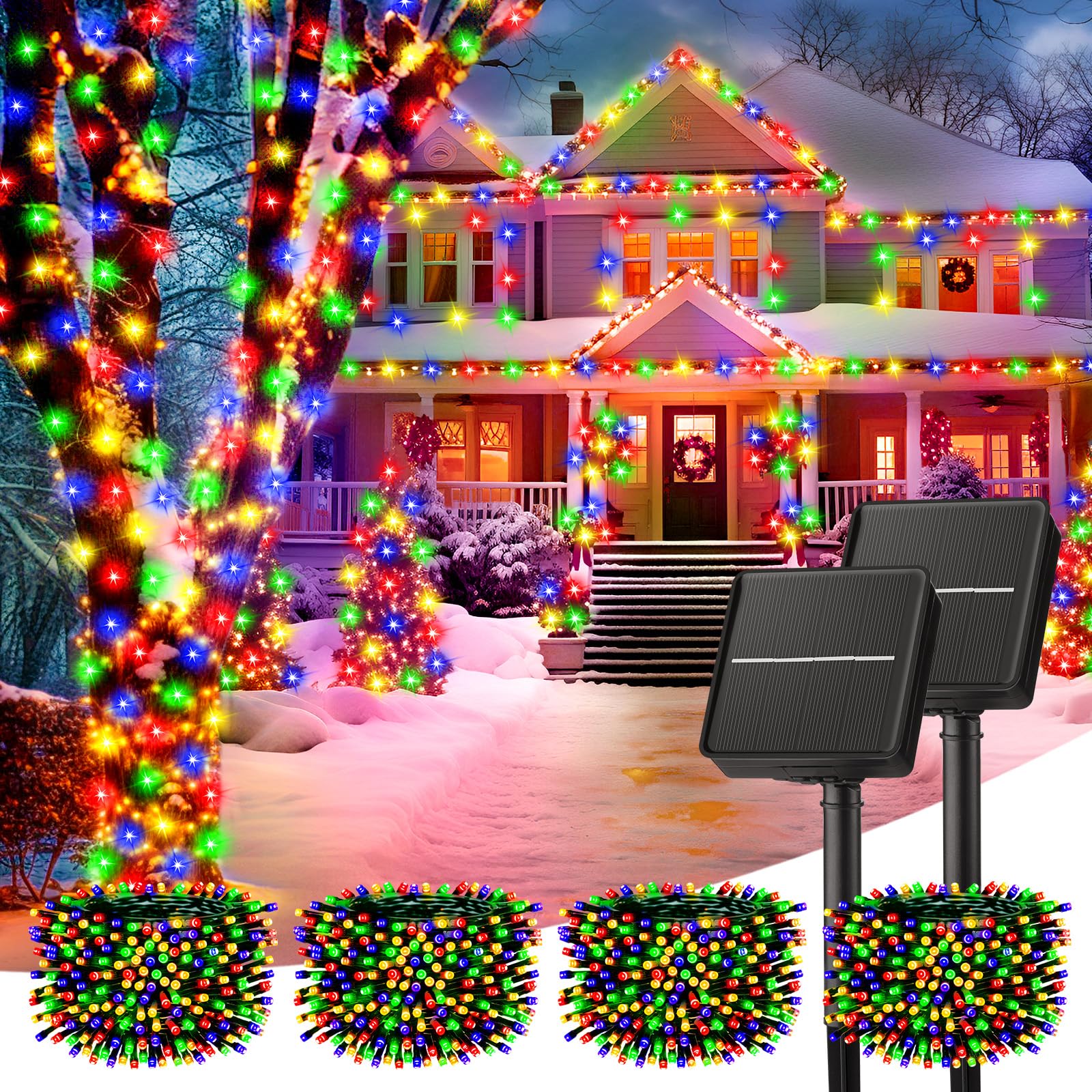 Minetom Solar String Lights Outdoor Waterproof- 40 FT 100 LED Solar Powered String Lights with 8 Lighting Modes, IP65 Waterproof Solar Christmas Lights for Outdoor Outside Tree Party Decor, Warm White