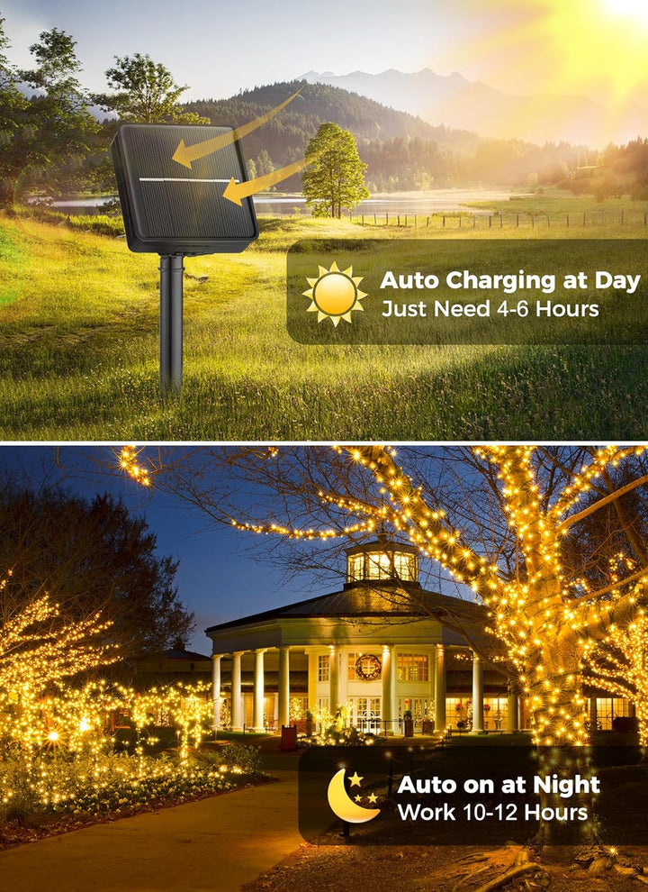 Minetom Solar String Lights Outdoor Waterproof- 40 FT 100 LED Solar Powered String Lights with 8 Lighting Modes, IP65 Waterproof Solar Christmas Lights for Outdoor Outside Tree Party Decor, Warm White