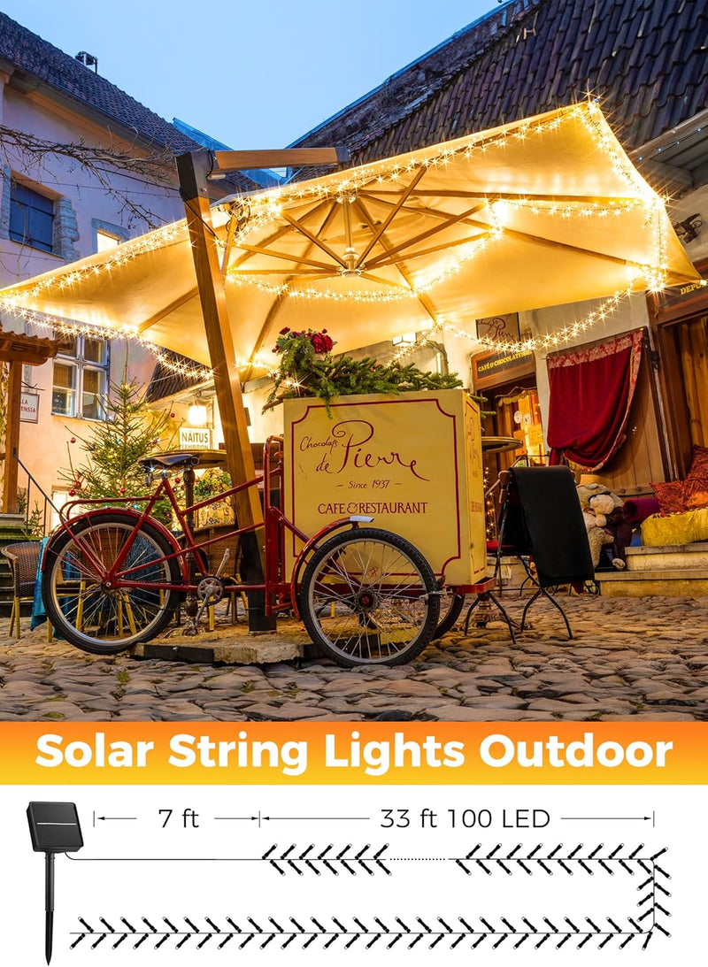Minetom Solar String Lights Outdoor Waterproof- 40 FT 100 LED Solar Powered String Lights with 8 Lighting Modes, IP65 Waterproof Solar Christmas Lights for Outdoor Outside Tree Party Decor, Warm White