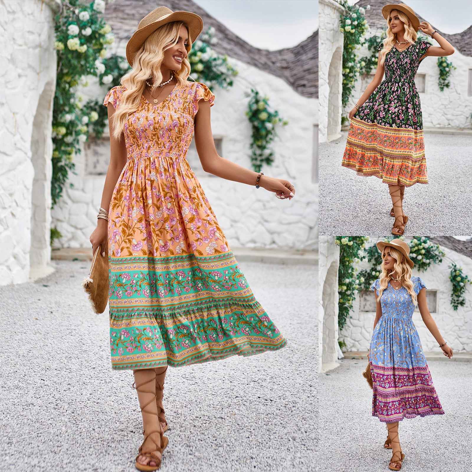 New Flowers Print V-neck Dress Summer