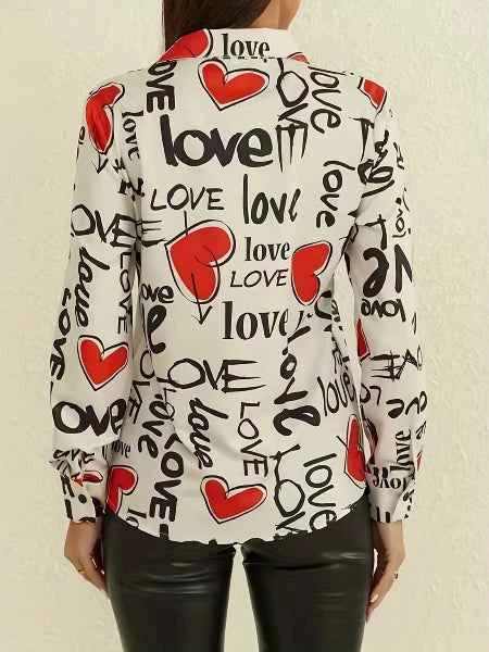 Heart Pattern Polyester Printed Button-Up Shirt Women