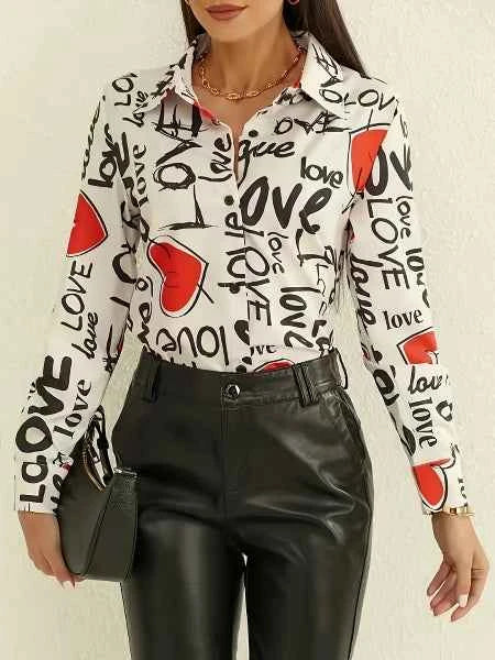 Heart Pattern Polyester Printed Button-Up Shirt Women