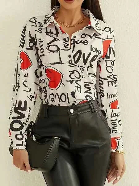 Heart Pattern Polyester Printed Button-Up Shirt Women