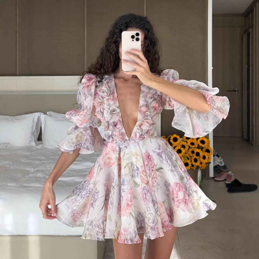 Women Tie-dye 3d Flower Deep V Neck Flare Sleeve Mini Dresses