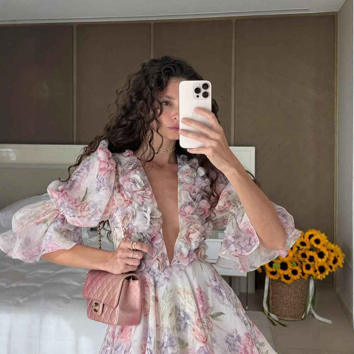 Women Tie-dye 3d Flower Deep V Neck Flare Sleeve Mini Dresses
