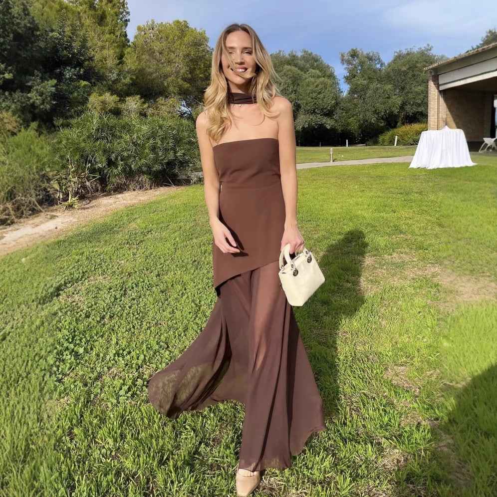 Fashion Strapless Dress With Ribbon Female Elegant Solid Sleeveless dress