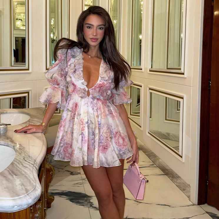 Women Tie-dye 3d Flower Deep V Neck Flare Sleeve Mini Dresses