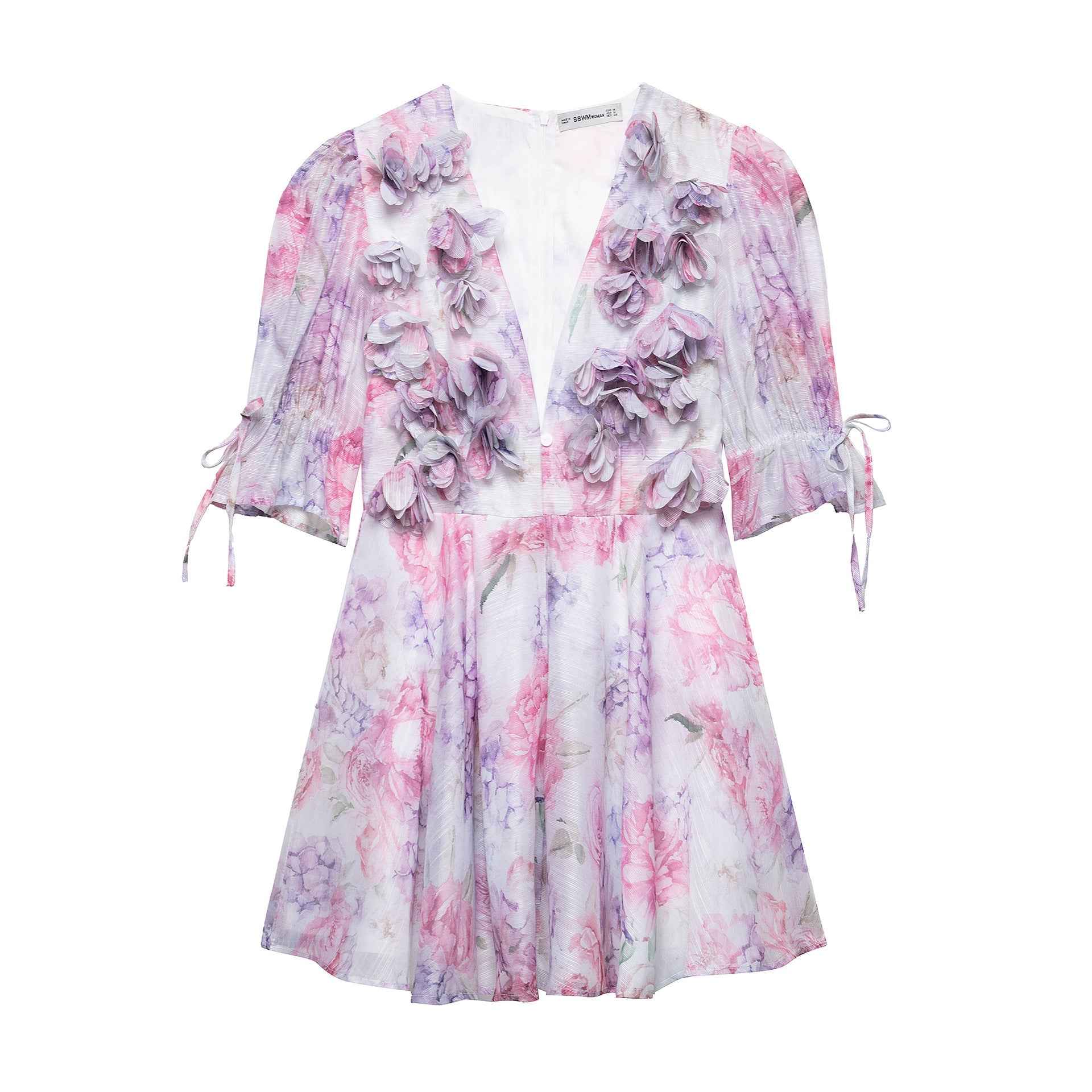 Women Tie-dye 3d Flower Deep V Neck Flare Sleeve Mini Dresses