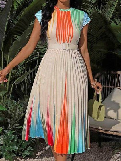 Colorful Printing Pleated Dress, Casual Short Sleeve Midi Dress