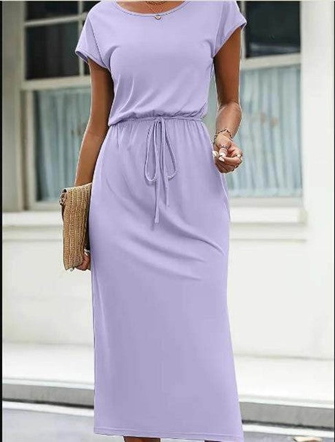 Solid Color Drawstring Waist Dress, Vacation Short Sleeve Split Midi Dress