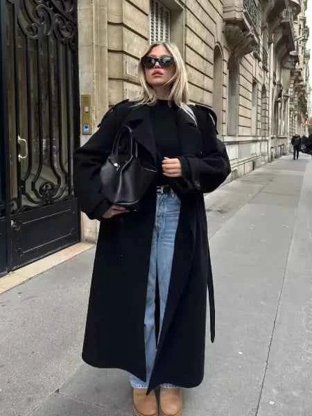 Winter Elegant Trench Black Long Coat For Women with Belt