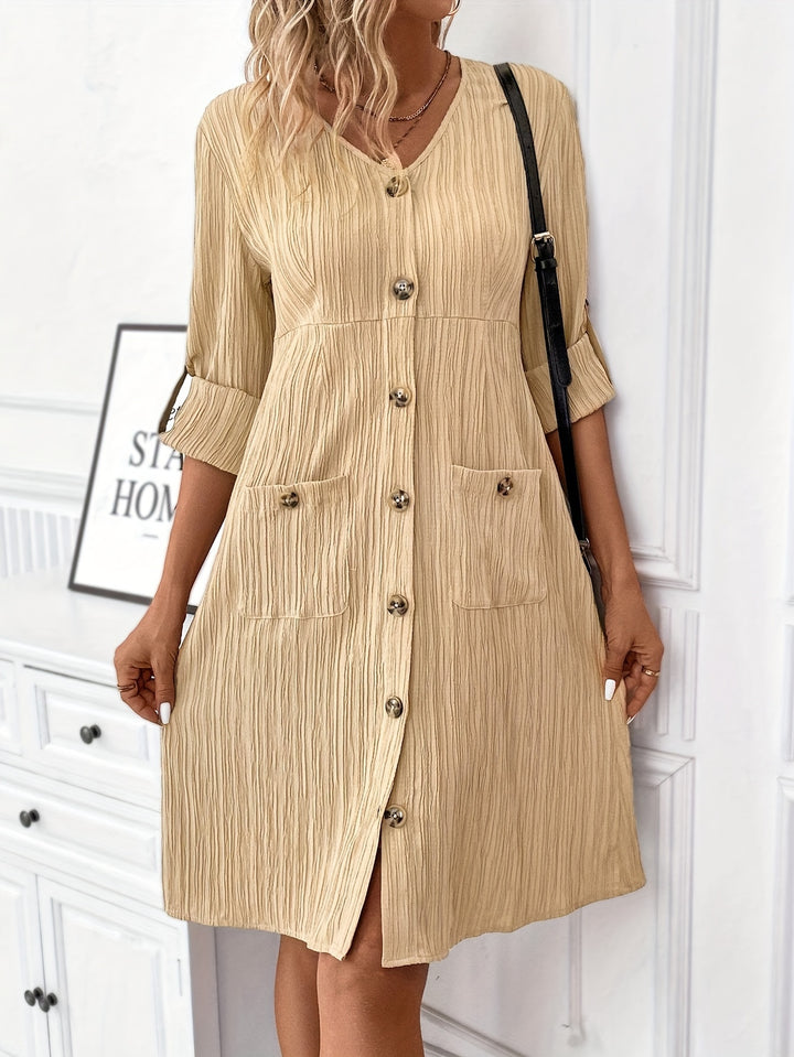 Elegant V-Neck Long Sleeve Dress with Pockets