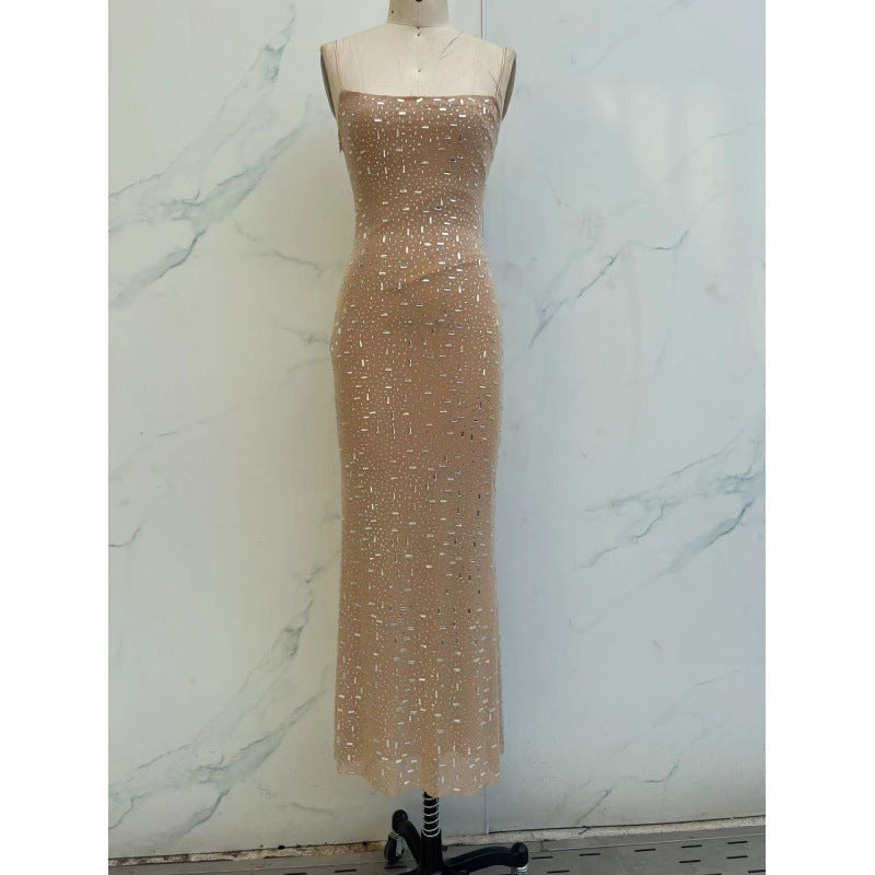 Elegant Nude & Black Sequin Spaghetti Strap Dress