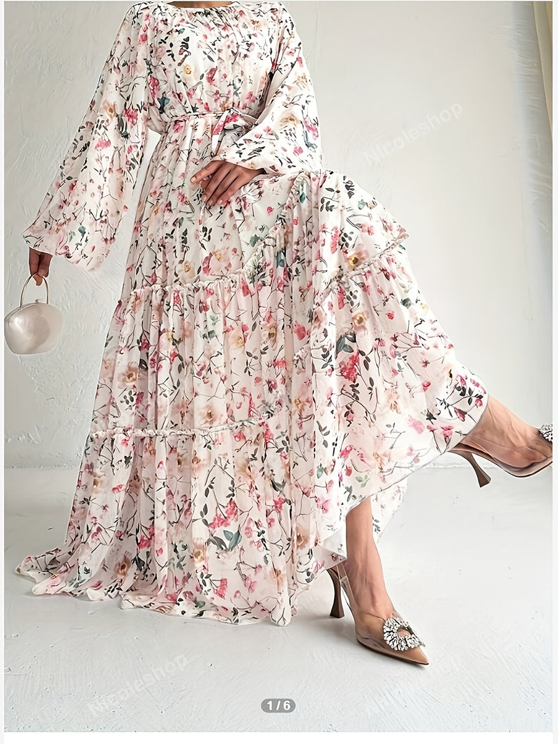 1pc Elegant Floral Print Long Dress with Peplum Hem