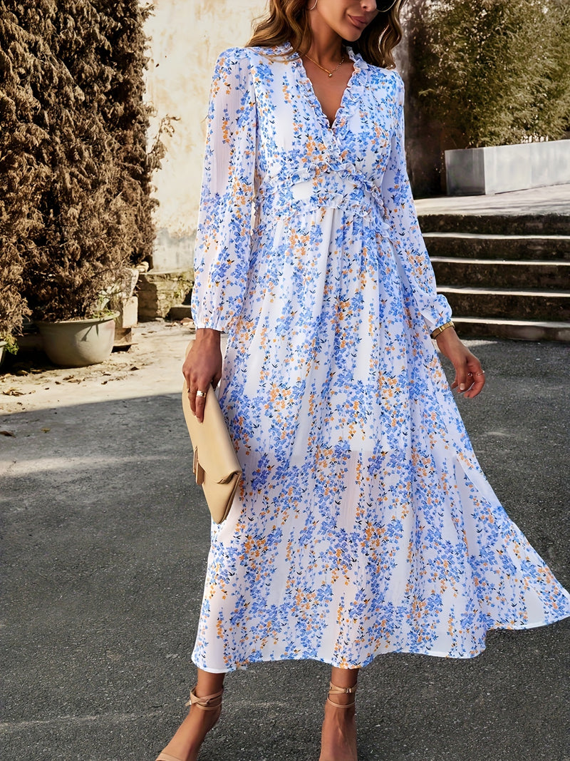 Print Chiffon Maxi Dress with Ruffle Hem & V-Neck