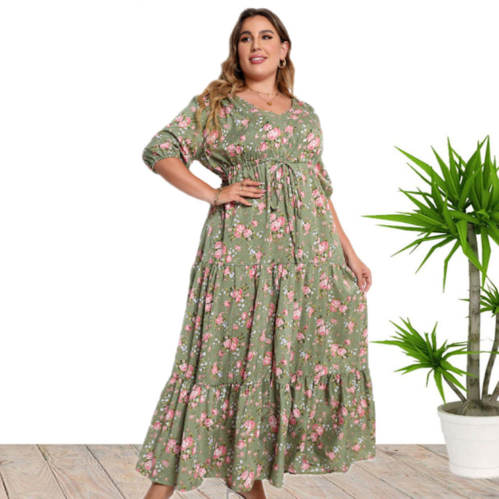 Plus Size Floral Print Tiered Dress, Casual V Neck Short Sleeve Slit Belted Dress