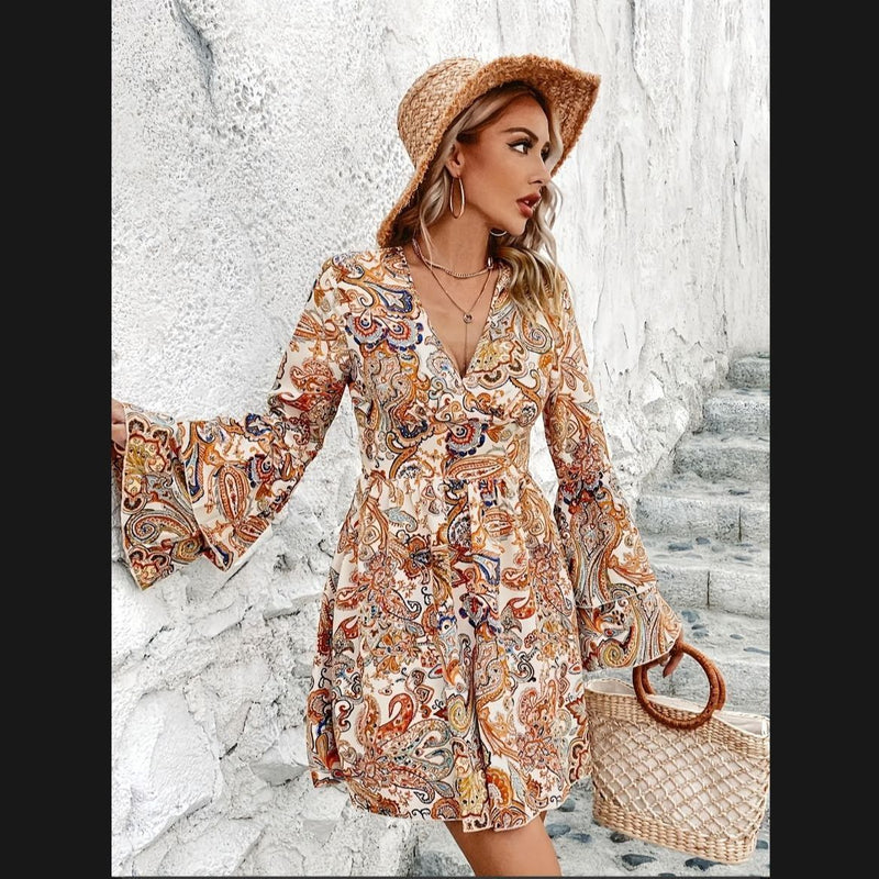 Paisley Print Tiered Flared Sleeve Dress, Boho V Neck A-line Dress