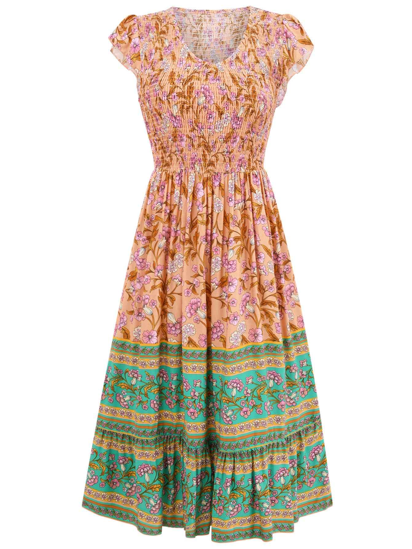 New Flowers Print V-neck Dress Summer