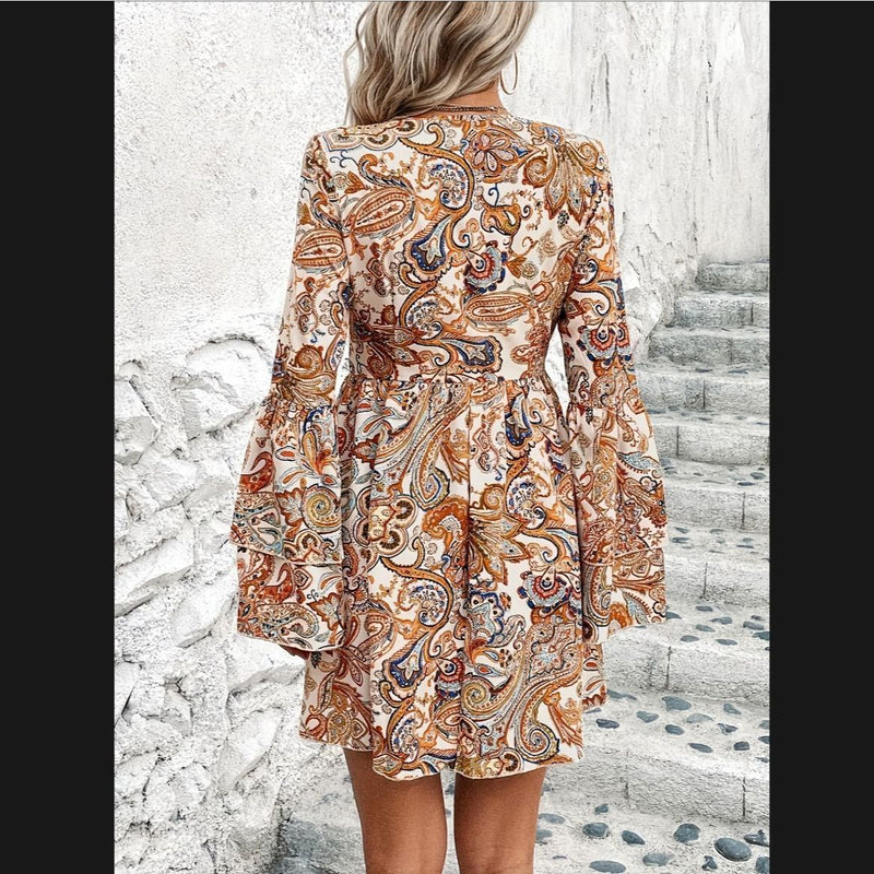 Paisley Print Tiered Flared Sleeve Dress, Boho V Neck A-line Dress