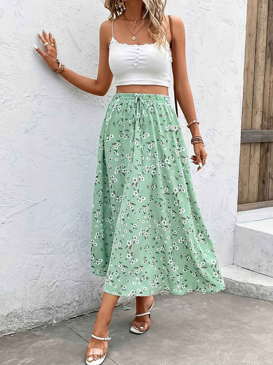 Elegant Midi A-line Skirt - Floral Print Elastic Waist