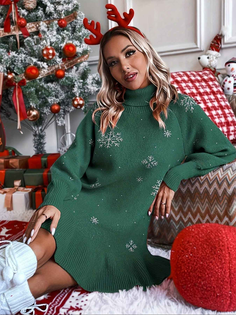 Elegant Snowflake Knit Turtleneck Sweater Dress