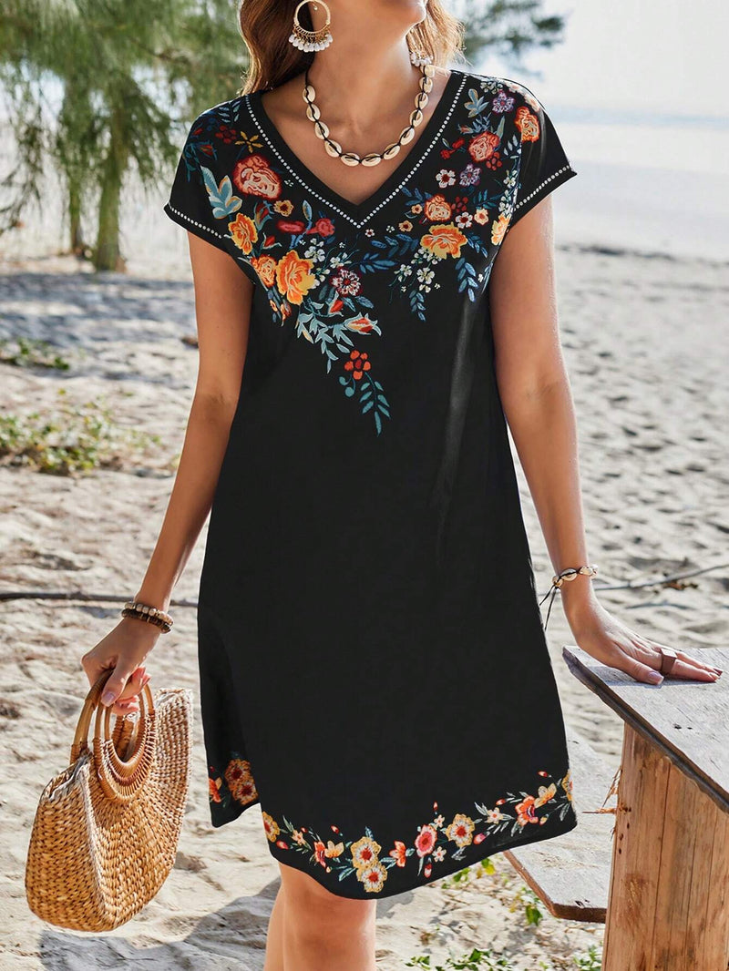 Chic Floral Print V-Neck Midi Dress for Women