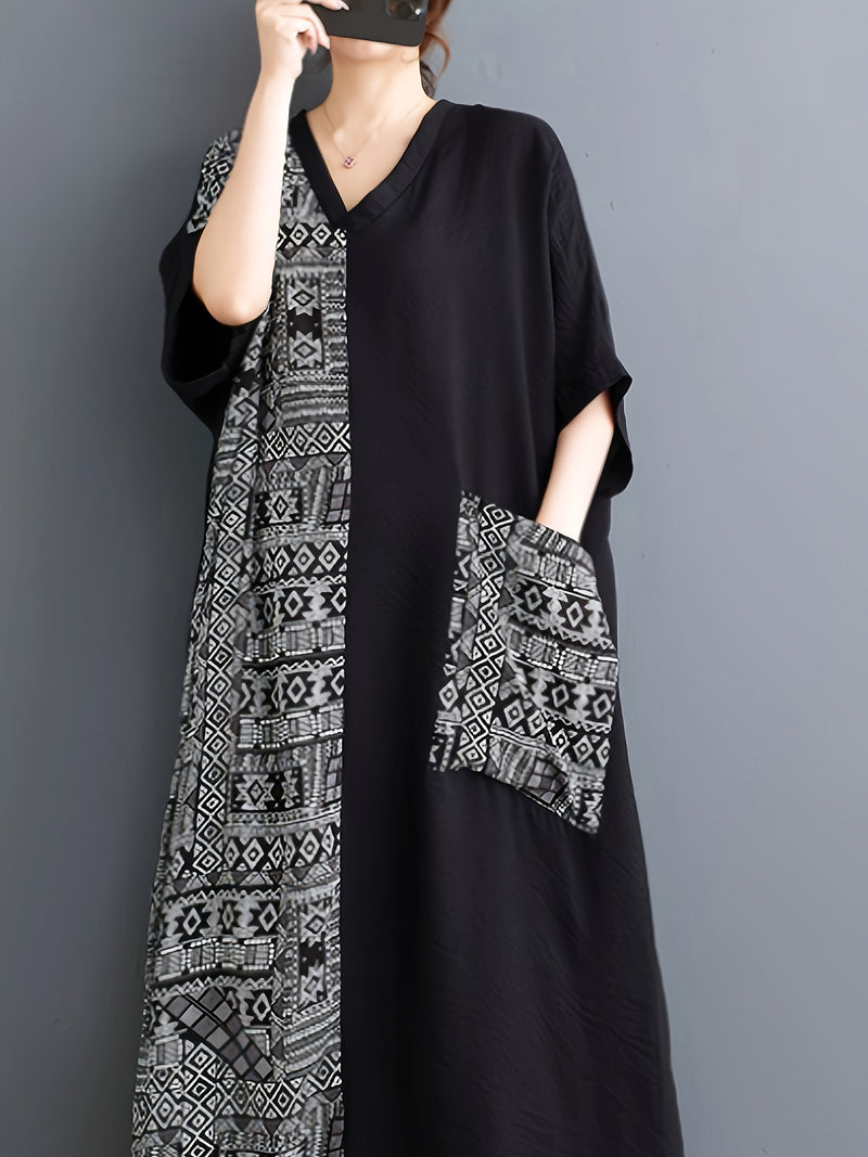 Bohemian V-Neck Plus Size Dress with Geometric Pattern and Pocket Detail,