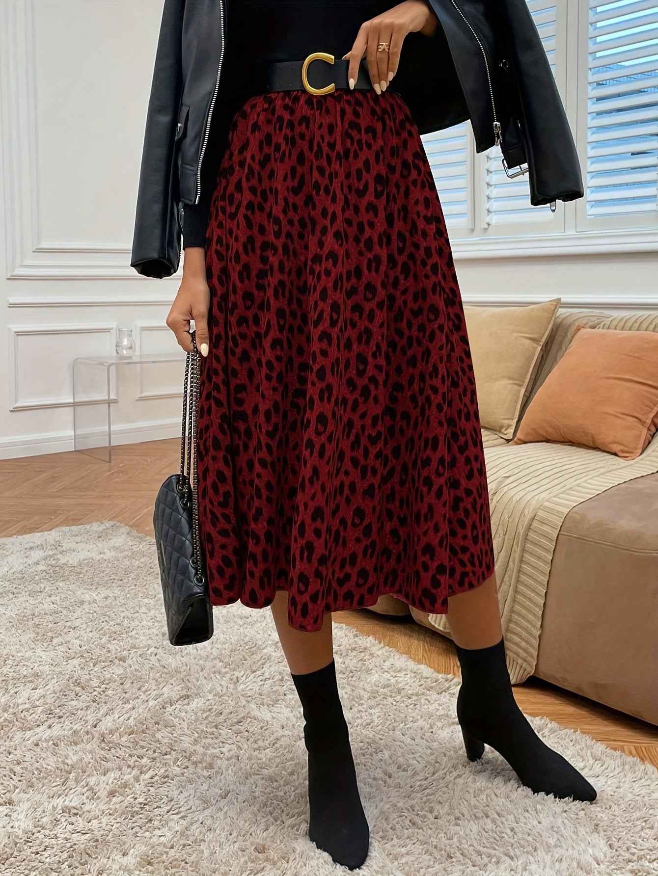 Chic Brown & Beige High-Waisted A-Line Midi Skirt for Women