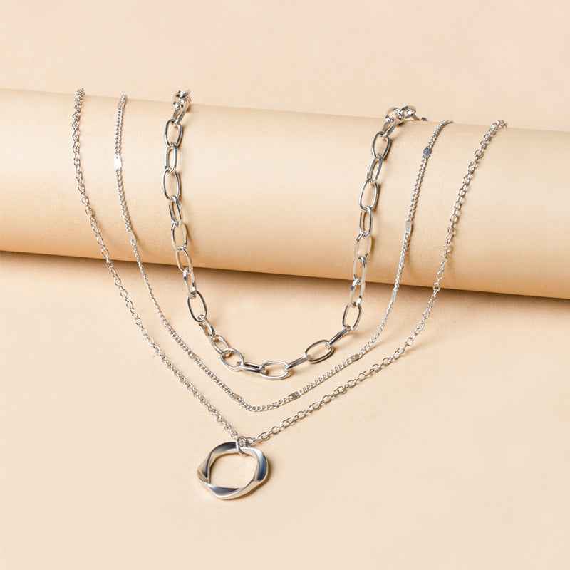 1pc Elegant 925 Sterling Silver Multi-Layered Necklace Round Pendant