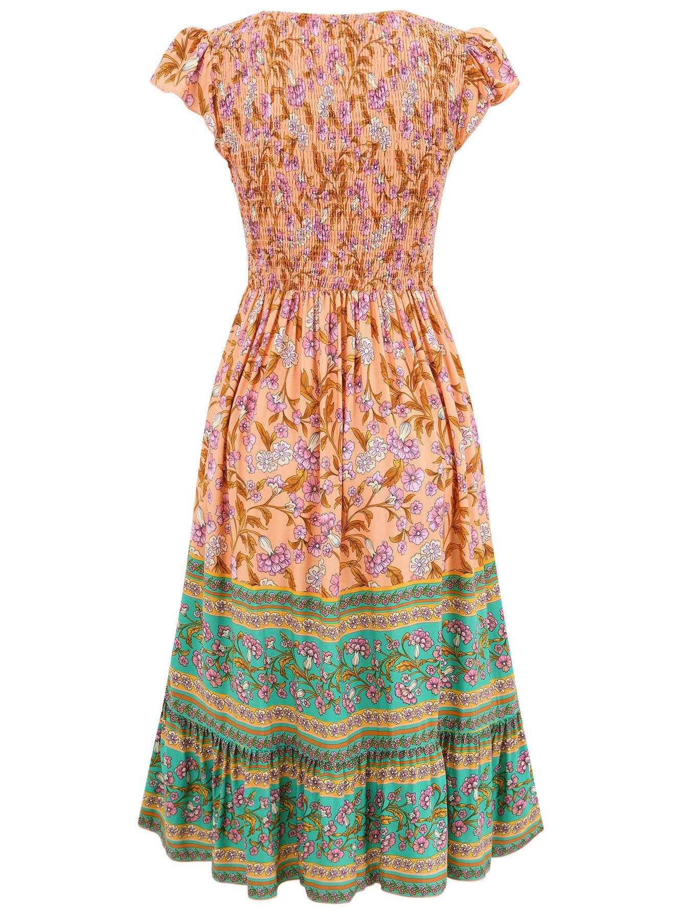 New Flowers Print V-neck Dress Summer