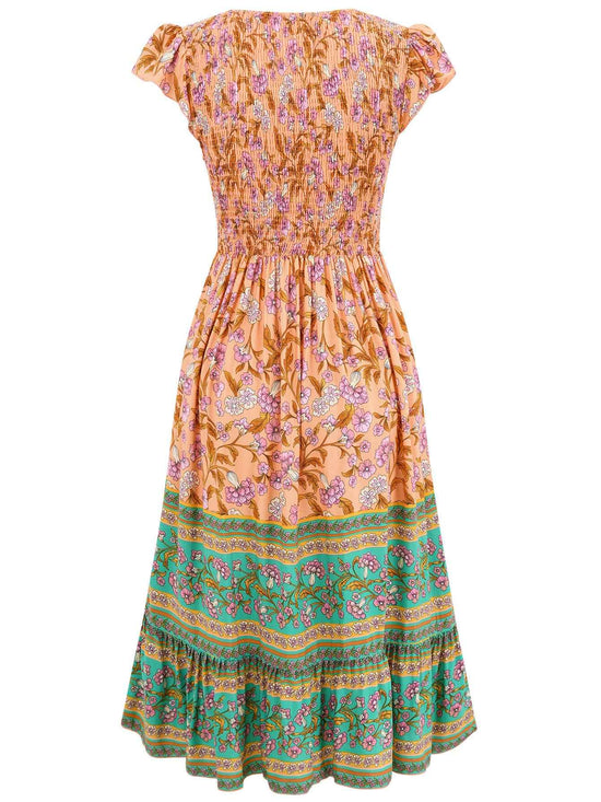 New Flowers Print V-neck Dress Summer
