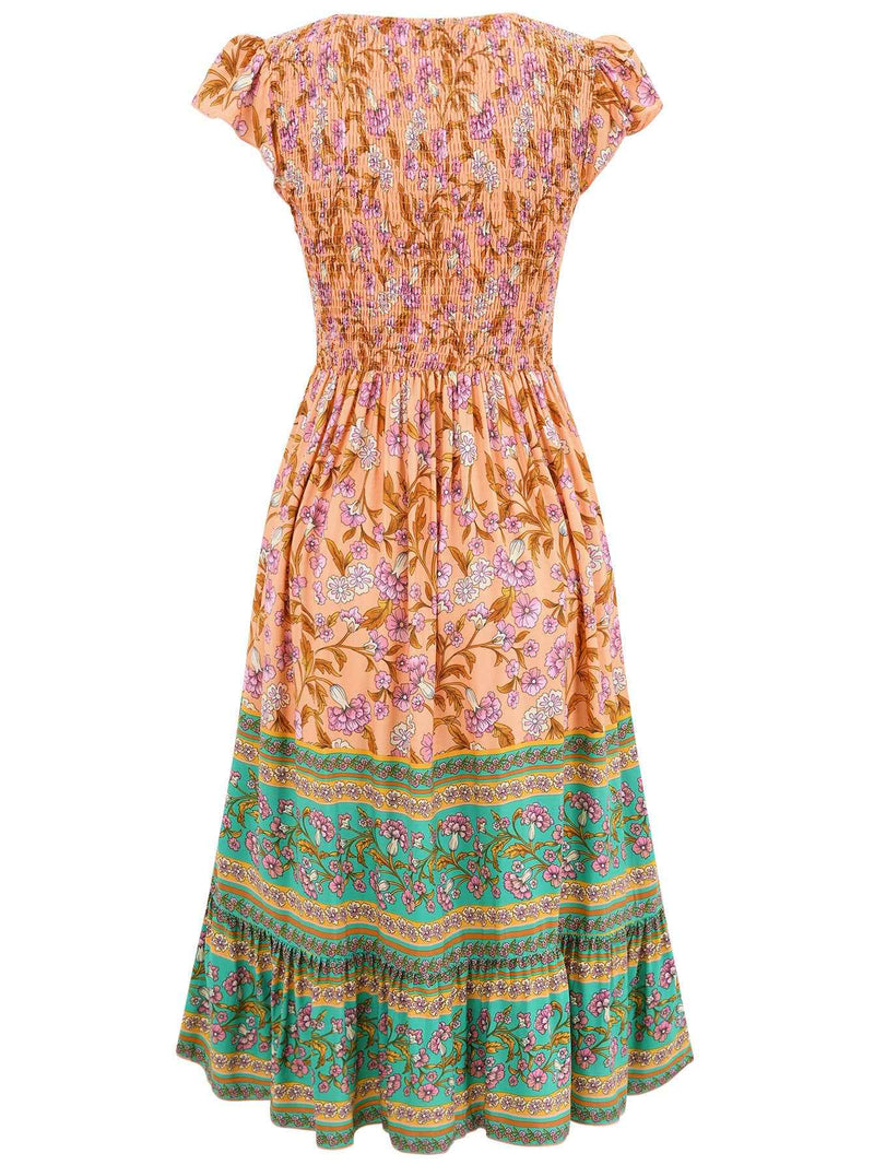 New Flowers Print V-neck Dress Summer