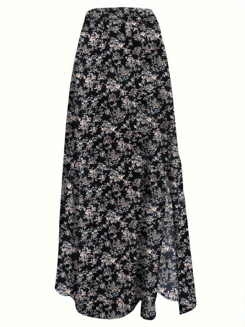 Elegant Floral Print High-Waisted Skirt with Side Slit