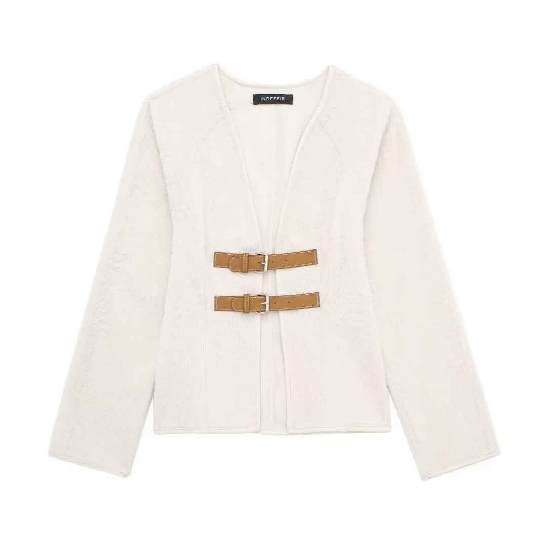 European Retro Leather Buckle Woolen Coat