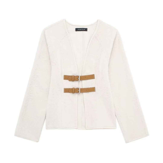 European Retro Leather Buckle Woolen Coat