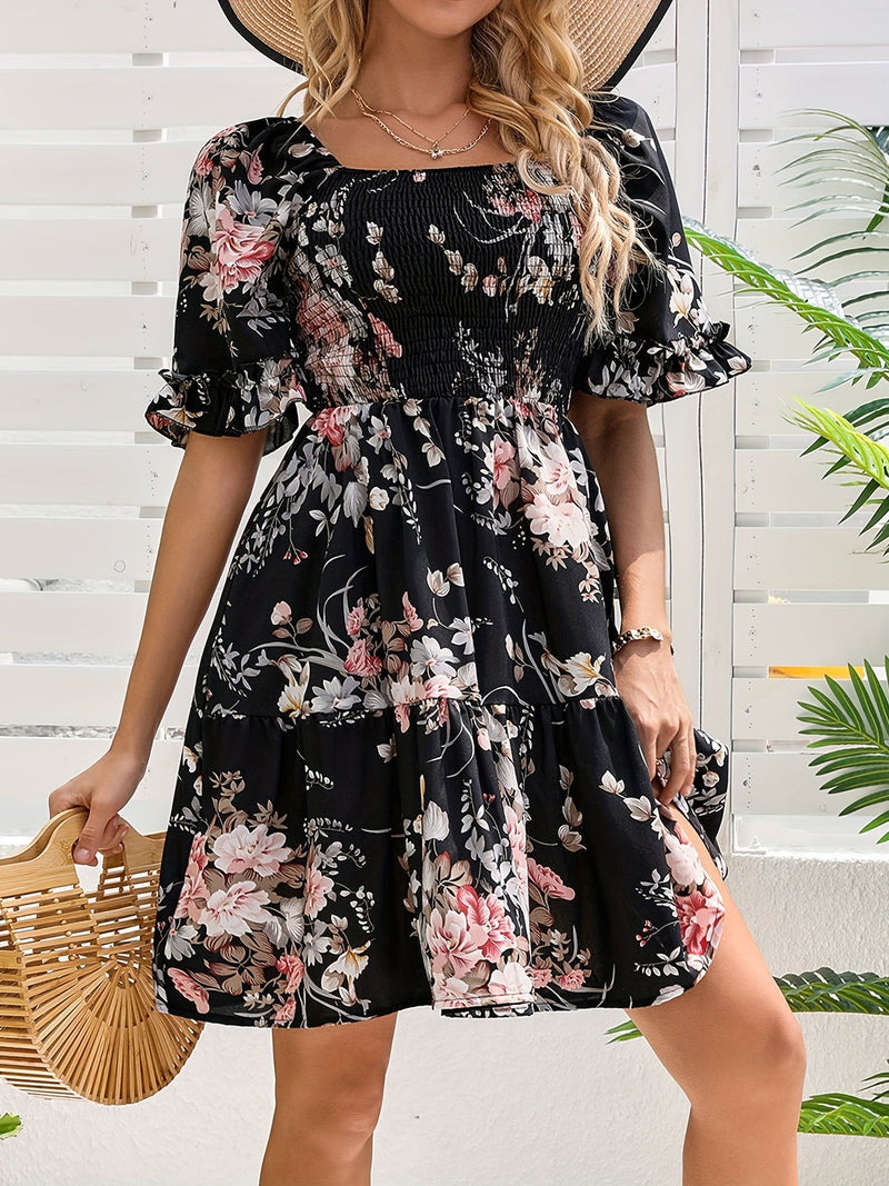 Floral Shirred Waist Square Neck Dress