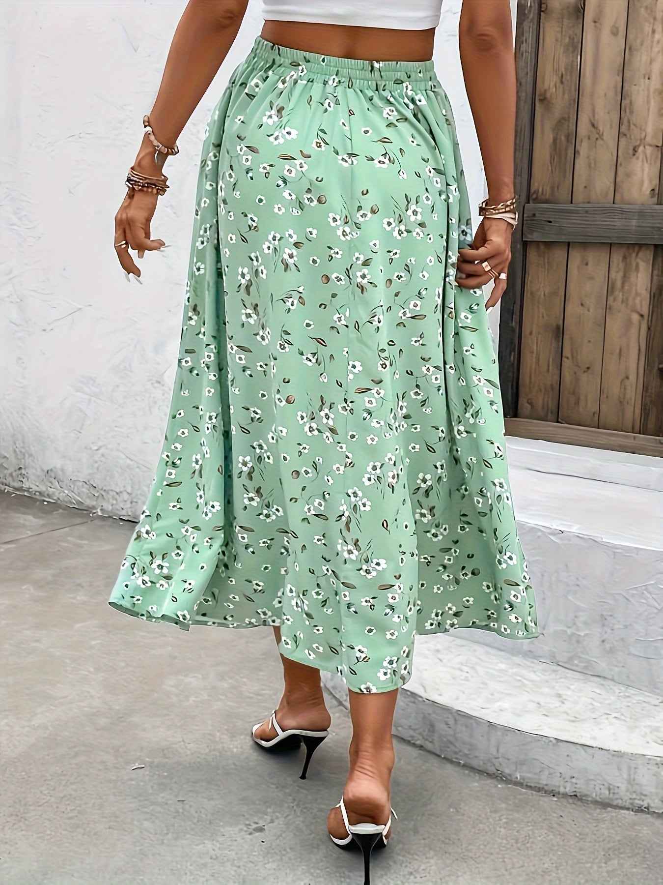 Elegant Midi A-line Skirt - Floral Print Elastic Waist