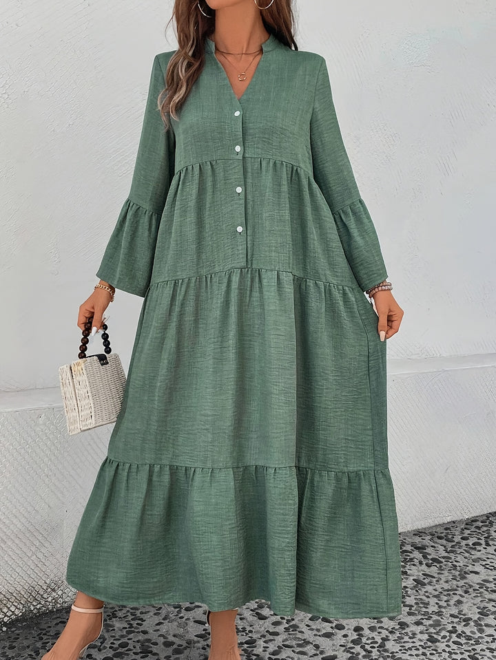 Women'S Casual V-Neck Button Detail Long Sleeve Tiered Dress